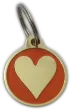 Orange Heart-shaped engraved dog tag with custom details on a UK dog collar