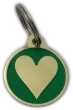 Green Heart-shaped engraved dog tag with custom details on a UK dog collar